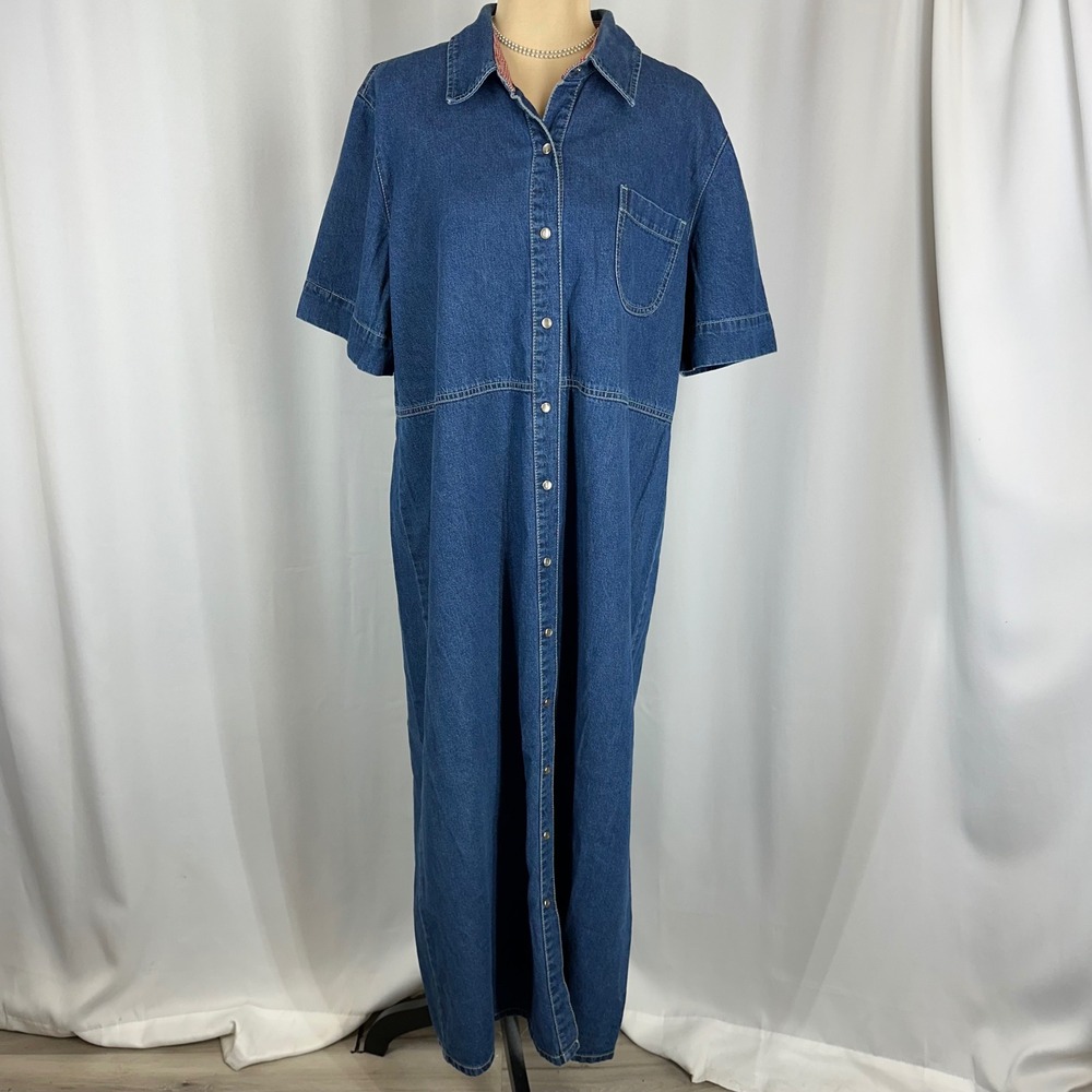 White Stag Denim Shirt Dress Womens XL Button Front Maxi Blue Cotton